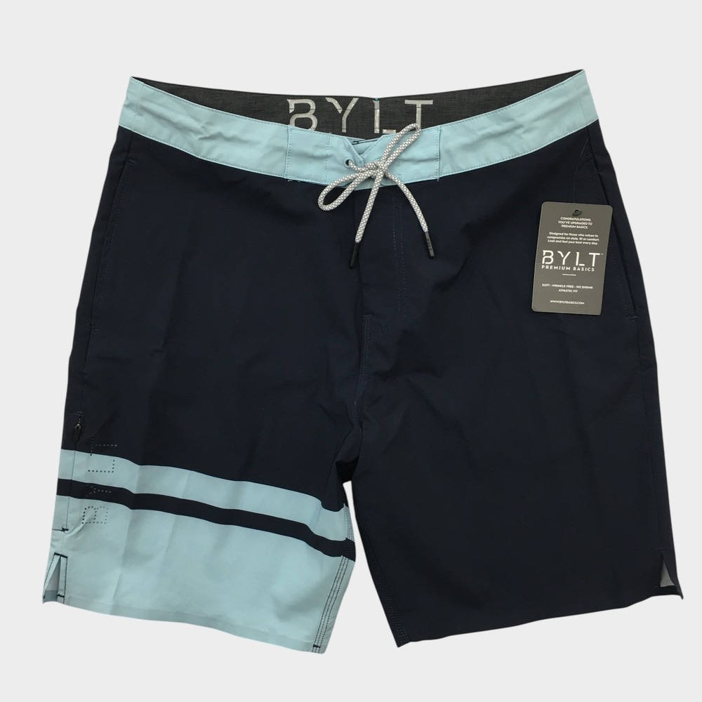 NEW! BYLT Premium Basics Coastal Boardshort Navy Blue Light Blue Mens Large NWT